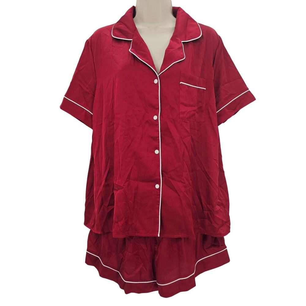 Cupshe Womans size L Satin Shorts Button Up Short Sleeve Pajama Set Burgundy NEW